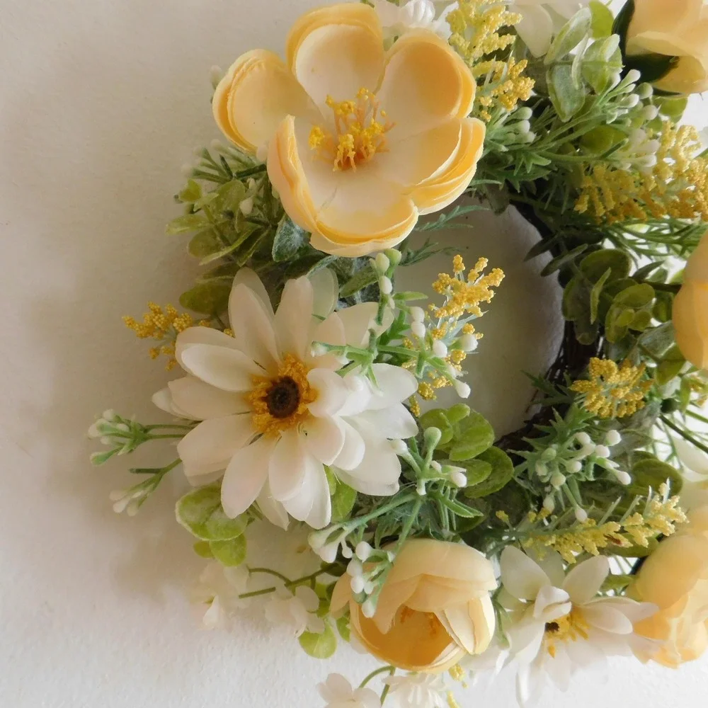 Yellow and White Floral Wreath, 11 Inch Candle Ring Centerpiece